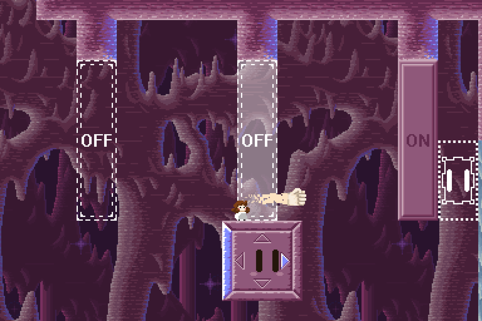 screenshot: Vivi is standing in a cave. A key is being punched towards a locked door.