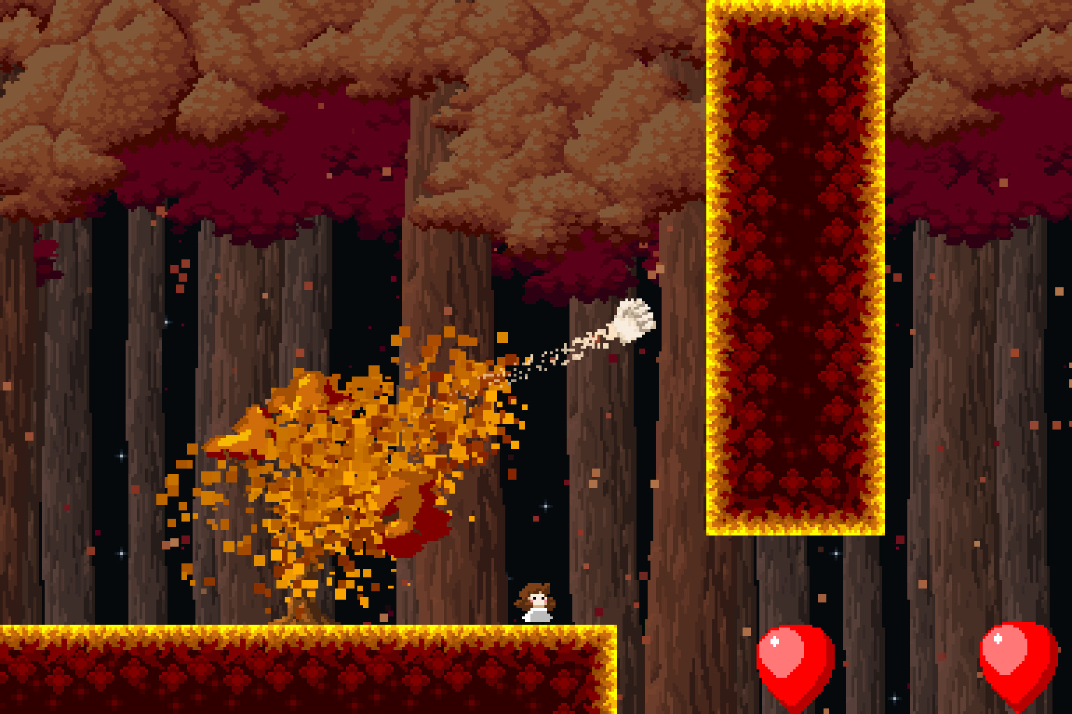screenshot: Vivi is standing in a forest. A tree is being punched and leaves are falling off.