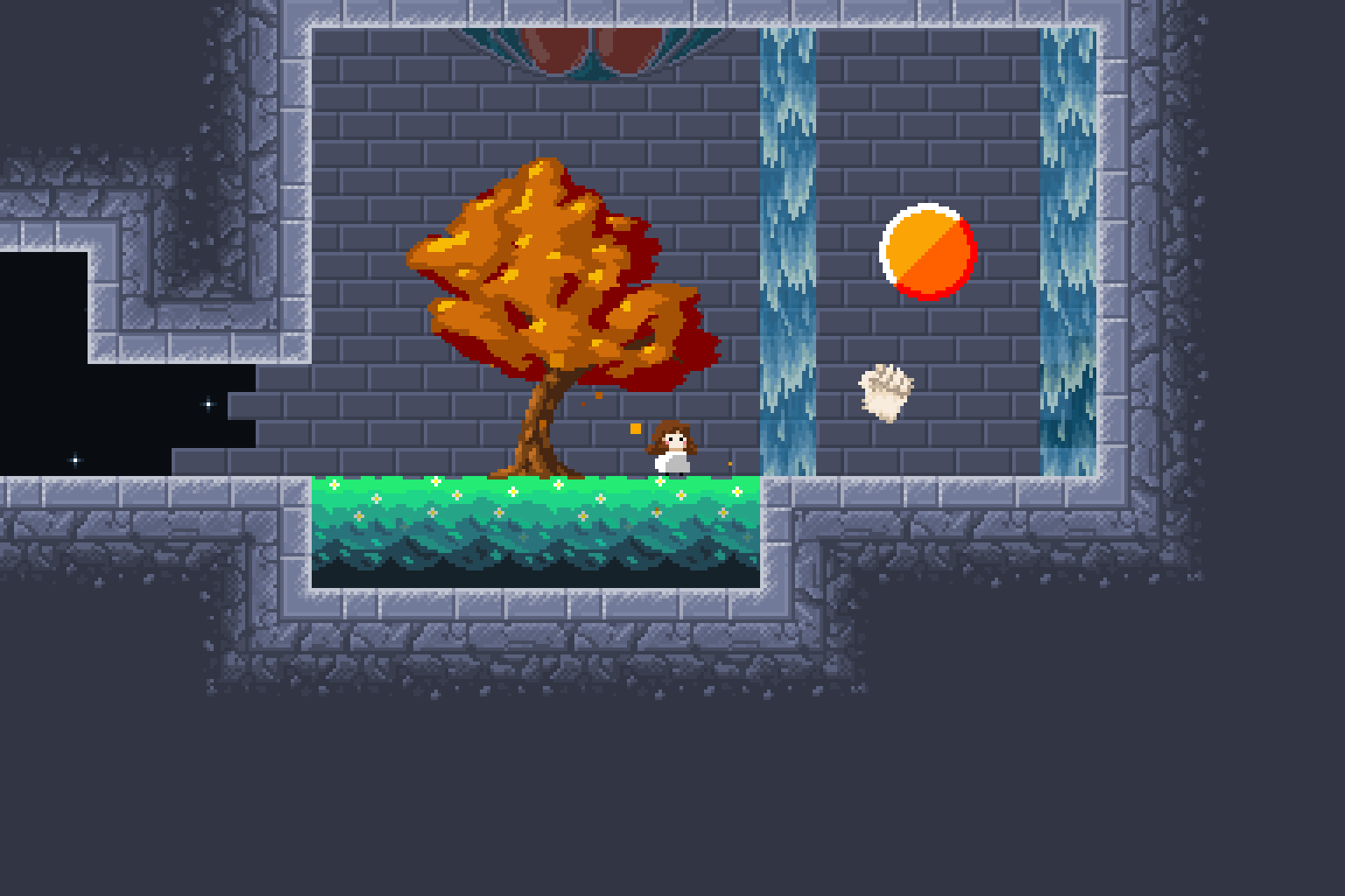 screenshot: Vivi is inside a castle, standing under a tree. Next to her is a pair of waterfalls, with a giant coin between them.